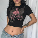 Rockmore Vintage Print T-shirt Women Aesthetic Long Sleeve Crop Top Autumn E Girl Casual Basic Tee Shirt 90s Grunge