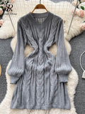 Women Retro Solid Sweater Dress V Neck Hemp Floral Long Sleeve French Style 2022 Winter A Line Slim Knitted