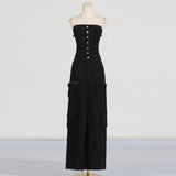 Toloer 2024 New Street Hipster One-Word Shoulder Retro Design Sense Strapless Dress Female Slit Long Skirt-Outfit