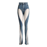 Toloer Niche Design Sense Mesh Gauze Pants 2024 New Fashion Sexy Spiral Mesh Yarn Splicing Split Jeans-Outfit