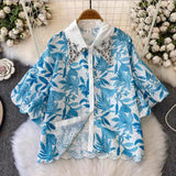 Age-Down Suit Women's Summer Ripe Wind Folds Back-Clip-Free Denim Blouse + High Waist