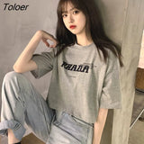 Sleeve T-shirts Women Letter Printed Crop Top Soft All-match Korean Style Womens Tees Students Chic Loose Retro