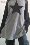 Harajuku Star Print Patchwork Long Top Autumn Casual Loose Oversize T Shirt Women Dark Academia Clothes Retro