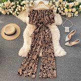 Women Jumpsuit Rompers Summer Casual Floral Print Off Shoulder Ruffles Lace-up Sashes Wide Leg Holidays Loose