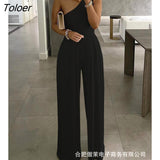 New Women Summer Plant Pattern Print Rompers Lady Elegant One Shoulder Sleeveless Formal Loose Wide Leg Pants