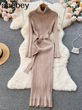 Winter Turtleneck Sexy Women Dress Autumn Long Sleeve Skinny Maxi Boydcon Casual Sweater Plush Knee-Length Party