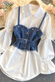 Two Pieces Outfits for Women Vintage Shirts Fashion Puff Sleeve Blouses Loose Denim Shirt Jeans Tops Vest Korean 2 Piece