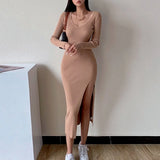 TWOTWINSTYLE Solid Minimalist Dress For Women V Neck Long Sleeve High Waist Solid Midi Dresses Female Spring Clothing Style