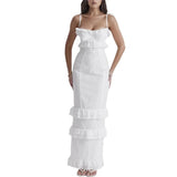 Long Dresses White Low Cut Spaghetti Strap Sleeveless High Split Long Dresses y2k Aesthetic Dress Women Party