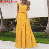 Print Bohemian Long Dress Celmia Women 2022 Summer Elegant Sleeveless Beach Maxi Sundress Casual Belted Party
