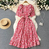 Ruffles Boho 2022 O Neck Summer floral print long split Dress Party Women high waist dress beach holiday tunic