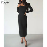 Elegant Black Bodycon Dress Stretch Square Neck Long Sleeve Party Dresses Women Spring Split Mid-Calf Solid Sexy Dress