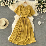 Pleated Dress Women Short Sleeve V Neck Solid A-line Dresses 2022 New Summer Chiffon Vacation Beach