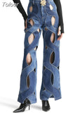 Fashion Women's Jeans High Waist Cross Contrast Color Hollow Out Metal Button Straight Denim Pants Summer 2023 New