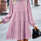 2023 Stand Collar Loose Dresses For Women Fashion Casual Long Sleeve Solid Color Dresses Elegant Holiday Beach