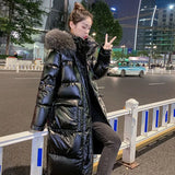 Women Winter Puffer Jacket Chic Big Fur Warm Ultra Light Long Coat Female Parka Hooded Glossy Jackets Oversized Plus