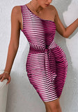 Printed Sexy One Shoulder Sleeveless Geometric Print Belted Mini Club