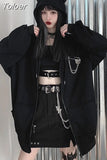 Top Punk Zipper Kawaii Hooded Oversized Hoodie Female Casual Black Tops monster hat Oversize Coat Sweatshirt