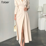 Long Dress Women Apricot 2023 Autumn Single-breasted Elegant Bodycon Dresses Turn-down Collar Party Vestido