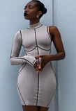 Print Lines Single Sleeve Turtleneck Bodycon