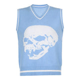 Harajuku Print Sleeveless Sweater Vest Women Autumn V Neck Preppy Style Knitted Jumpers Ladies Vintage Fashion