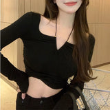 Sexy Halter Neck Women T-shirt Elegant Deep V Long Sleeve Slim Elastic Female Tops High Street Chic Autumn Winter Ladies