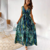 Long Maxi Dress Women 2021 Sexy Sleeveless Print Boho Dress Deep V Neck Vintage Backless Dresses For Women Robe