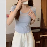 Toloer U Collar Short-Sleeved T-Shirt Women 2023 Summer New Korean Version Slim High Waist Short Style Students Pure Color Jacket