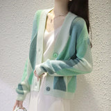2022 V Neck Knitted Cardicon Sweater Female Winter Argyle Women's Sweater Coat Loose Vintage Knit Casual Jacket