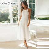 Elegant White Lace Women Dress Sexy Backless Halter Female Cotton Dress Summer Beach Style Ladies Midi Dress