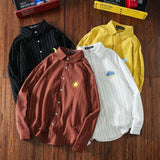 Striped Men's Shirt Long Sleeve Harajuku Japanese Fashion Casual Women Shirts Blouse Autumn Moon Cloud Embroidery