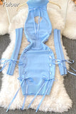 Women Sexy Sweater Dress Open Chest Backless Ribbon Strap Tops Turtleneck Long Sleeve Lacing Up Bodycon Knit Bandage