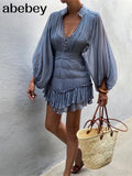 Temperament Fold Pleated Mini Dress For Women V Neck Puff Long Sleeve High Waist Button Slim Mesh Dresses Female 2021