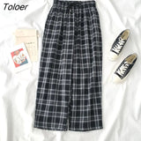 Pants Women Elastic Waist Plaid Wide Leg Trousers Womens Students Simple Chic Trendy Office Lady All-match Harajuku