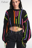 Fashion Women's Knitted Pullover O-neck Loose Long Sleeve Tassel Patchwork Hollow Out Short Sweater Autumn 2023 New