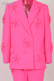 Fashion Women's Three-dimensional Decoration Blazer High Waist Straight Solid Pink Pant Sets 2023 Spring New Tide