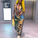 Casual Streetwear 2 Piece Set Cartoon Latter Print Halter Bra Tassel Hight Waist Pants Matching Set Party Club