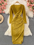 Autumn Sexy Draped Bodycon Midi Dress Women Elegant V-Neck Long Sleeve Party Robe Female Yellow/Green/Black Casual Vestidos