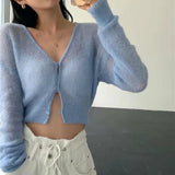 Korean Sexy See Through Cropped Cardigan Women Thin Hollow Out Knitted Cardigans Long Sleeve V-neck Sweater Crop