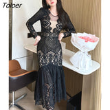 Women Evening Dress Mujer Black Floral Hollow See Through Sexy O-Neck Midi Dresses Party Gown Robe Femme Vestidos