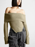 Toloer 2024 New Fashion Temperament One Word Shoulder Slim Slim Long-Sleeved Sweater Women's Solid Color Back Sweater-Outfit