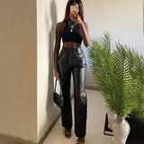Women Faux Leather Pant Pockets Straight Pant Trousers Autumn Elegant High Waist Loose Vintage Casual Pants