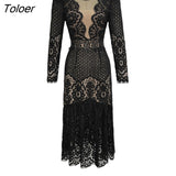 Women Evening Dress Mujer Black Floral Hollow See Through Sexy O-Neck Midi Dresses Party Gown Robe Femme Vestidos