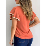 Women New Fashion Ruffled Short Sleeves Chiffon Top Shirts Floral Print Round Neck Casual Slim Fit Top Blouse