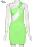 Sisterlinda Sexy Hollow Green Mini Dress Women One-Shoulder Sleeveless Side Split Backless Party Vacation Stretchy Skinny