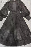 Vintage Solid Dress For Women Round Neck Lantern Sleeve Patchwork Embroidery High Waist Midi Dresses Female Autumn