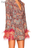 Print Dresses For Women V Neck Long Sleeve High Waist Patchwork Feathers Elegant Belt Dress Female Autumn Clothing