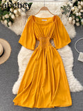 Sweet Solid Women Square Collar Flying Sleeve Ruffle A-line Dresses Summer Boho Chiffon Midi