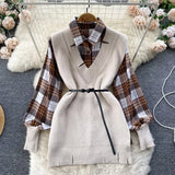 2022 Winter Casual Sweater Sets Loose Long Knit Tank Top+Spliced Plaid Blouse Women Retro OL Knitted Two Pieces