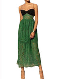 Fashion Women's Dress New Sleeveless Patchwork Contrast Color Lace Mid-calf Spaghetti Strap Dresses Summer 2023